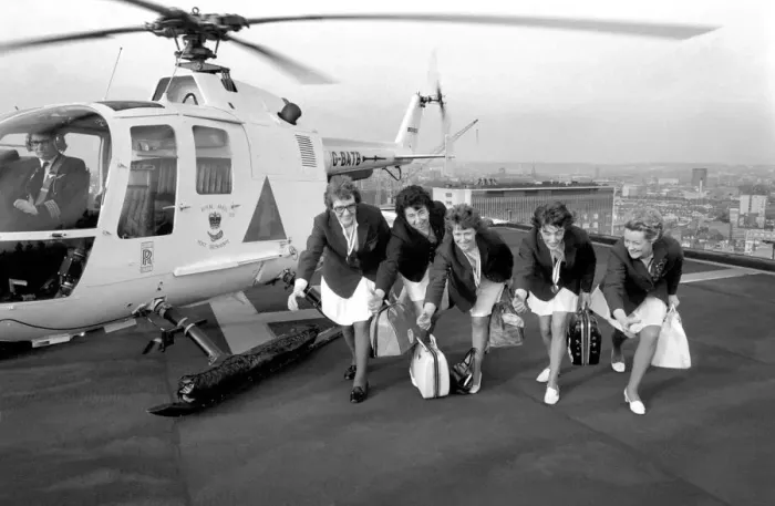 Framed Print : World Ten Pin Bowling Champs. Womens team arrive by helicopter. January 1975 75-00256-001 Framed Print : World Ten Pin Bowling Champs. Womens team arrive by helicopter. January 1975 75-00256-001
