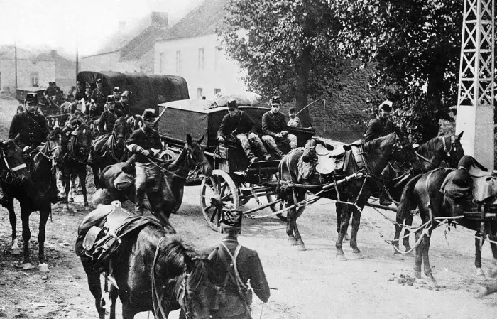 Framed Print : World War One - Belgian troop on horseback guard a food convoy carriage on its way to Framed Print : World War One - Belgian troop on horseback guard a food convoy carriage on its way to