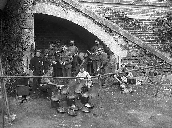 World War One British Soldiers. British tommies working in a monastry boiling up water