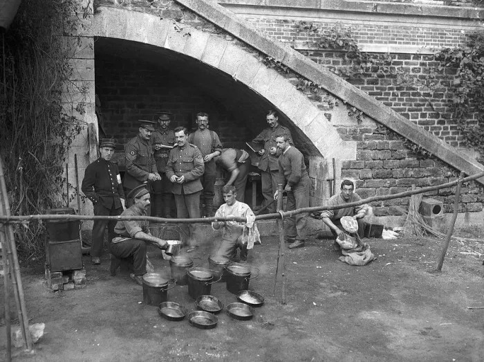 Framed Print : World War One British Soldiers. British tommies working in a monastry boiling up water Framed Print : World War One British Soldiers. British tommies working in a monastry boiling up water