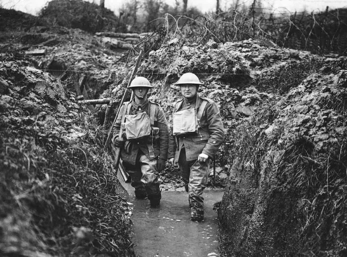 Framed Print : World War One - Two British soldiers stand in a flooded communications trench