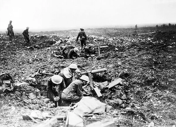 World War One - Canadian troops sit in their fox holes manning their machine guns Circa
