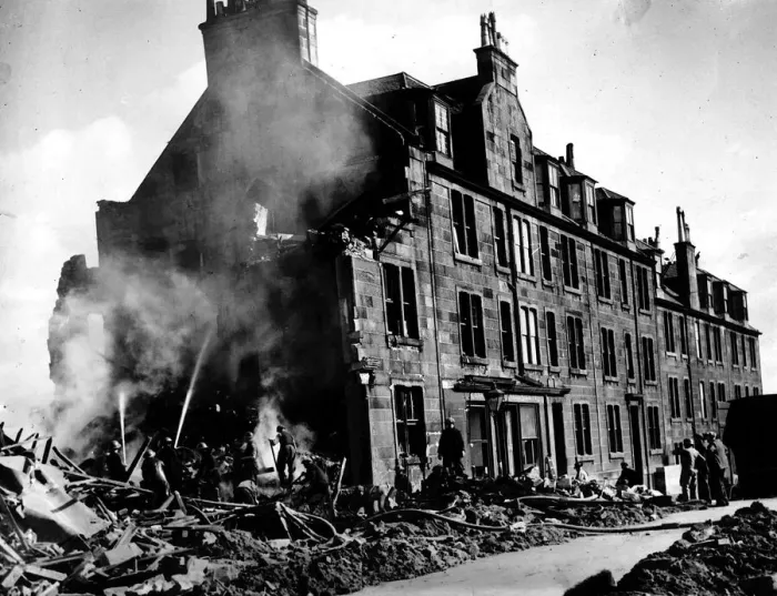 Framed Print : World War Two Firemen damp down a fire at a Scottish tenement block after a German air Framed Print : World War Two Firemen damp down a fire at a Scottish tenement block after a German air