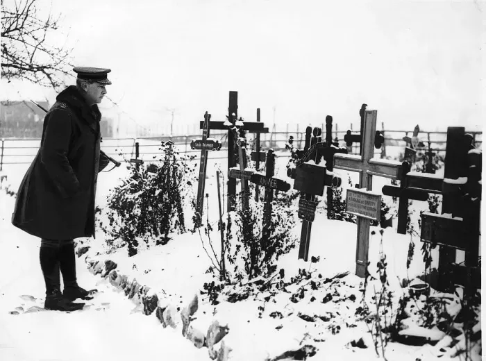 Framed Print : World War One - General Currie visit to cemetery graves where 200 civilians were shot Framed Print : World War One - General Currie visit to cemetery graves where 200 civilians were shot