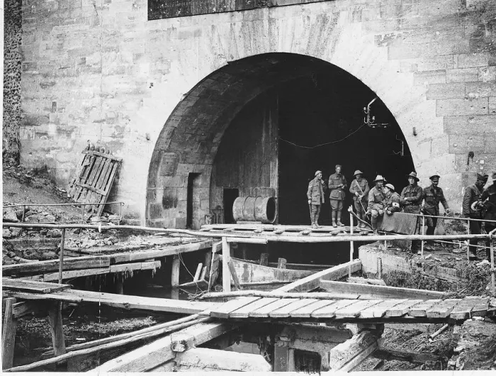 Framed Print : World War One - Hindenburg line tunnel where the St Quentin canal runs underground troops