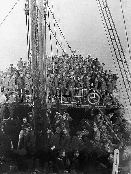 World War I British soldiers and their horses on board ship on their way across