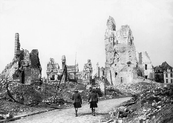 World War I - Remains of the Hotel de Ville Arras May 1917 two soldiers walking