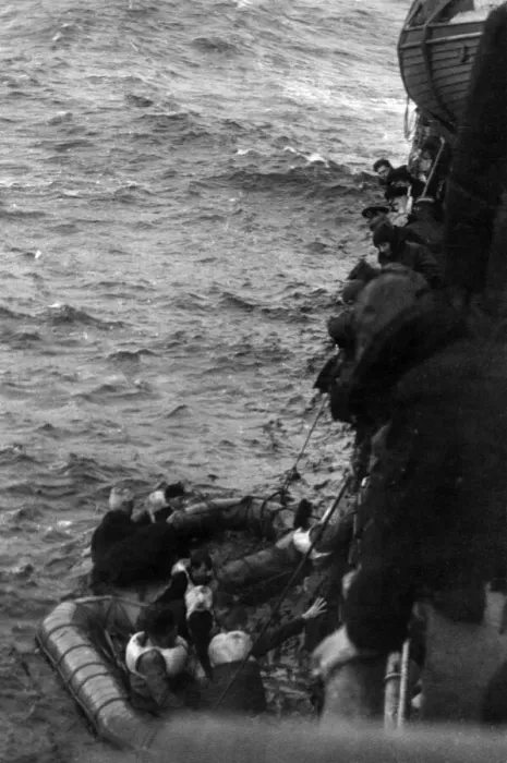 Framed Print : World War II: Shipping. British seaman rescued after their ship was sunk by a U-boat Framed Print : World War II: Shipping. British seaman rescued after their ship was sunk by a U-boat