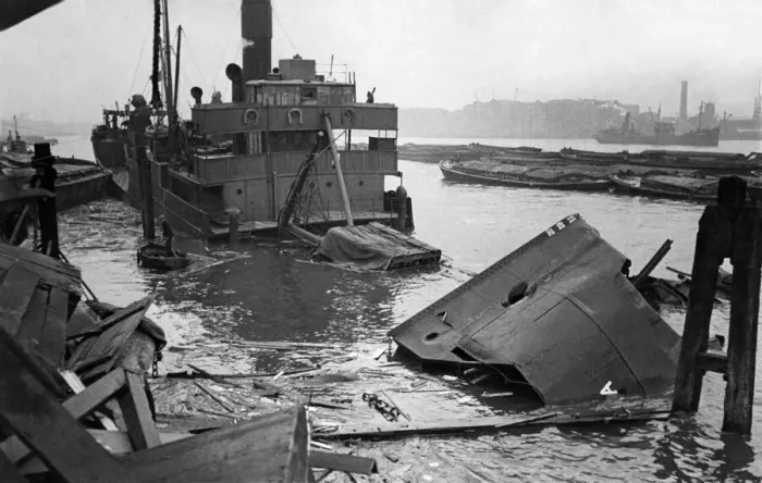Framed Print : World War II: Shipping. This cargo steamer sank in the Thames yesterday Framed Print : World War II: Shipping. This cargo steamer sank in the Thames yesterday