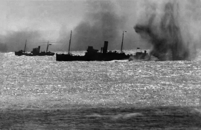 Framed Print : World War II. Shipping. Merchant ships shelled by The Germans in the English Channel Framed Print : World War II. Shipping. Merchant ships shelled by The Germans in the English Channel