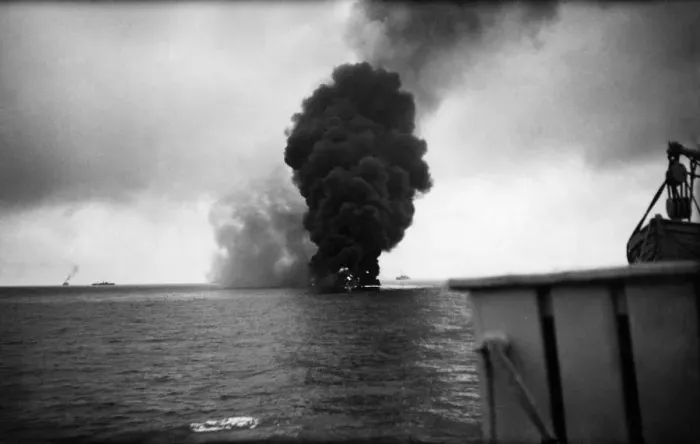 Framed Print : World War II: Shipping A Oil tanker a blaze after being torpedoed by a German U-boat in