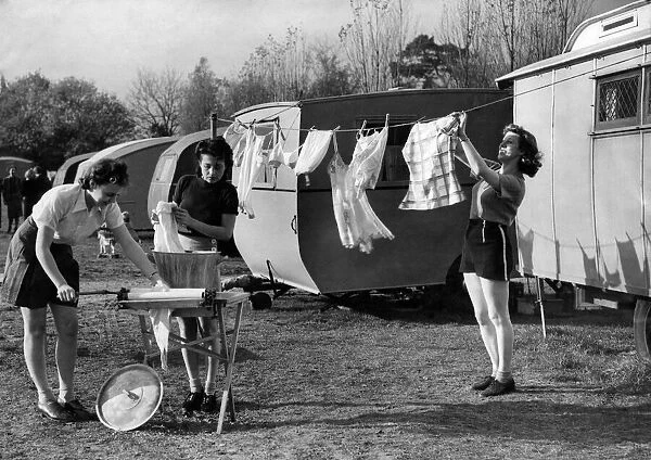 World War II Women: Members of the ATS seen here washing clothes at the Caravan Campsite