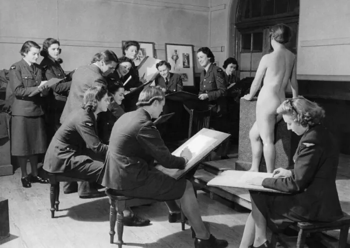 Framed Print : World war II Women: Members of the WaF take a break from their training to draw in a Framed Print : World war II Women: Members of the WaF take a break from their training to draw in a