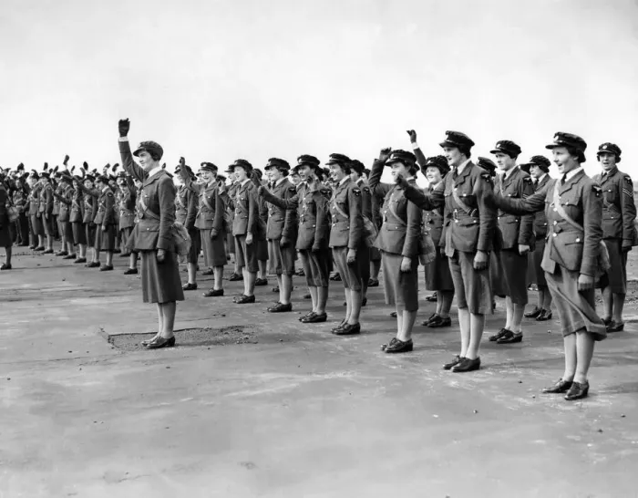 Framed Print : World War II Women. W. A. A. Fs cheer the King after he decorates the airmen Framed Print : World War II Women. W. A. A. Fs cheer the King after he decorates the airmen