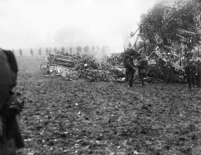 Framed Print : World War One: Soldiers inspect the wreckage of Zeppelin L31 Framed Print : World War One: Soldiers inspect the wreckage of Zeppelin L31