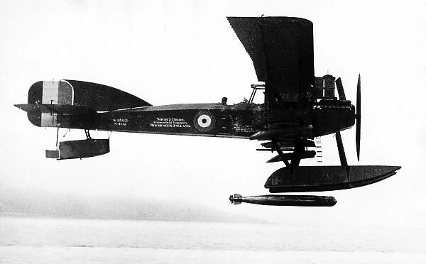 World War One A Royal Flying Corps Short Type 184 scout  /  bomber aircraft drops a torpedo