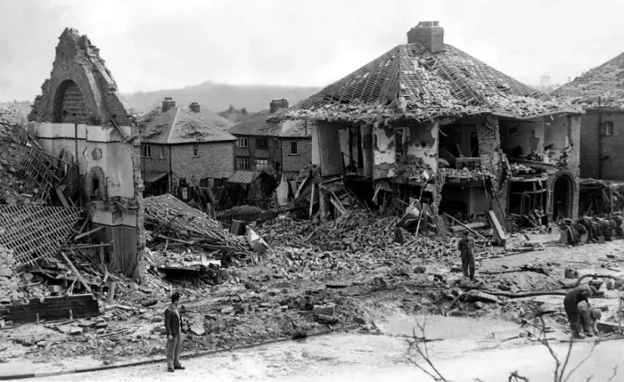 Framed Print : World War Two - Second World War - Bomb damaged houses from a German air raid on a Framed Print : World War Two - Second World War - Bomb damaged houses from a German air raid on a