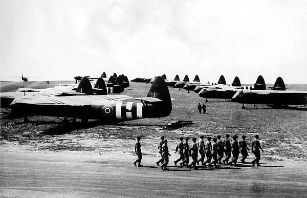 World War Two - Second World War - British glider-borne troops march out their aircraft