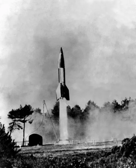 Framed Print : World War Two - Second World War - A German V2 rocket blasts off in what is likely to Framed Print : World War Two - Second World War - A German V2 rocket blasts off in what is likely to
