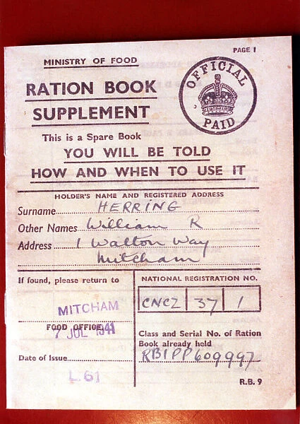 World War Two - Second World War - Ministry of Food Ration Book Supplement from July 1941