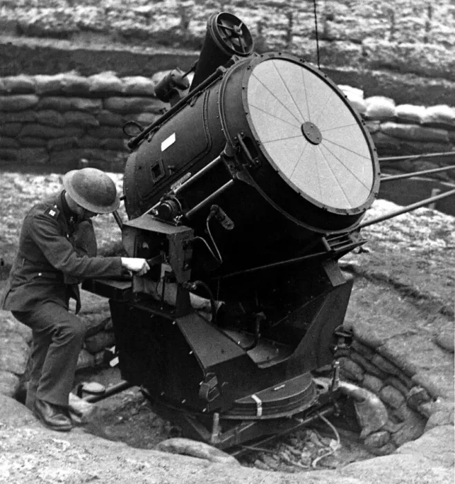 Framed Print : World War Two - Second World War - A searchlight is overhauled before nightfall at an Framed Print : World War Two - Second World War - A searchlight is overhauled before nightfall at an