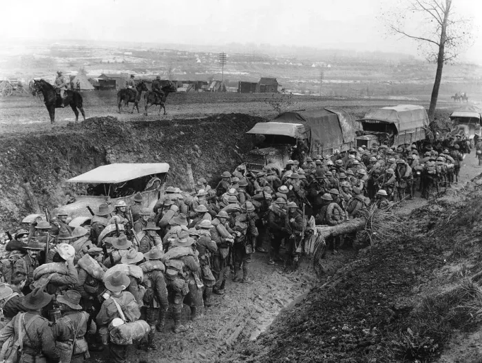 Framed Print : World War One - Troops from Australia & New Zealand stand in a trench waiting for orders Framed Print : World War One - Troops from Australia & New Zealand stand in a trench waiting for orders