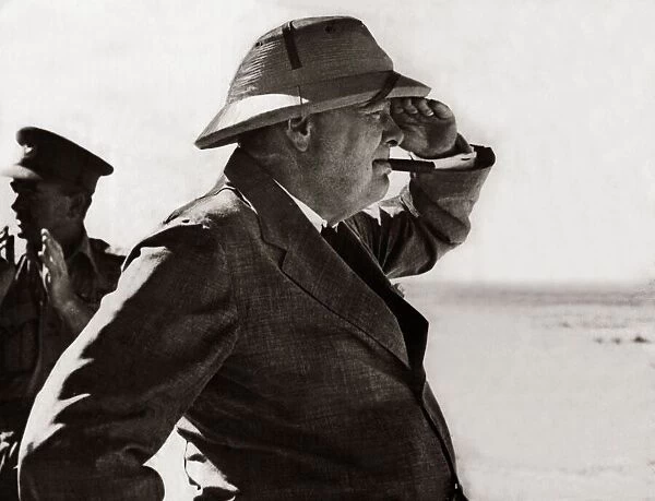 World War Two. British Prime Minister Winston Churchill viewing the Alemein position