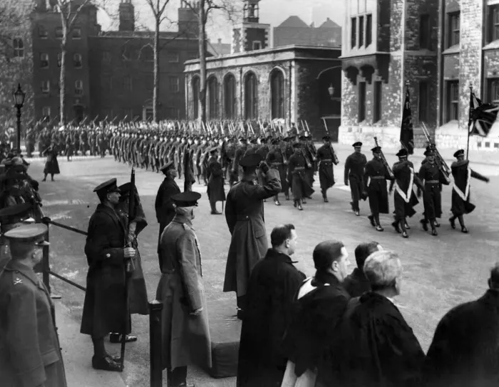 Framed Print : World War Two: The king presents new colours to the Welsh Guards at Tower of London