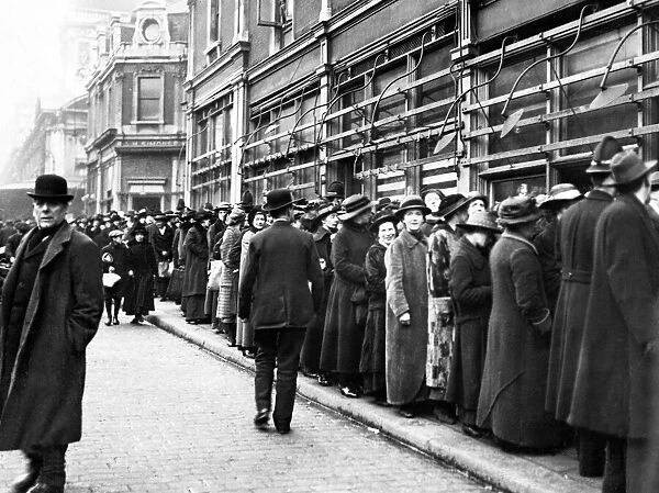 World War One WWI Food Shortage. Meat queues at Smithfield meat market in London