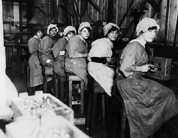 World War One WWI Munition factory making pellets. April 1918 Young female