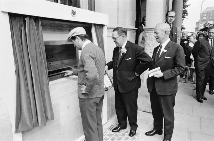 Framed Print : The Worlds First ATM, Cash Machine is unveiled at Barclays Bank, in Enfield, Middlesex