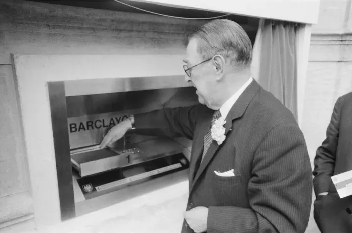 Framed Print : The Worlds First ATM, Cash Machine is unveiled at Barclays Bank, in Enfield, Middlesex Framed Print : The Worlds First ATM, Cash Machine is unveiled at Barclays Bank, in Enfield, Middlesex