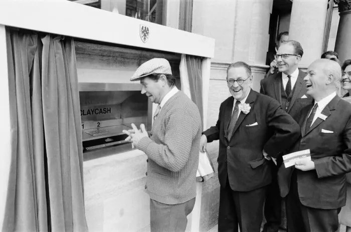 Framed Print : The Worlds First ATM, Cash Machine is unveiled at Barclays Bank, in Enfield, Middlesex Framed Print : The Worlds First ATM, Cash Machine is unveiled at Barclays Bank, in Enfield, Middlesex