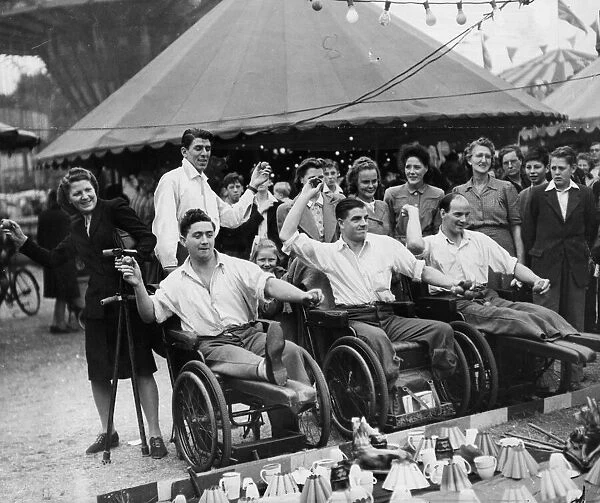 Wounded fighting men from Roehampton Hospital enjoying a trip to the local fair at Putney