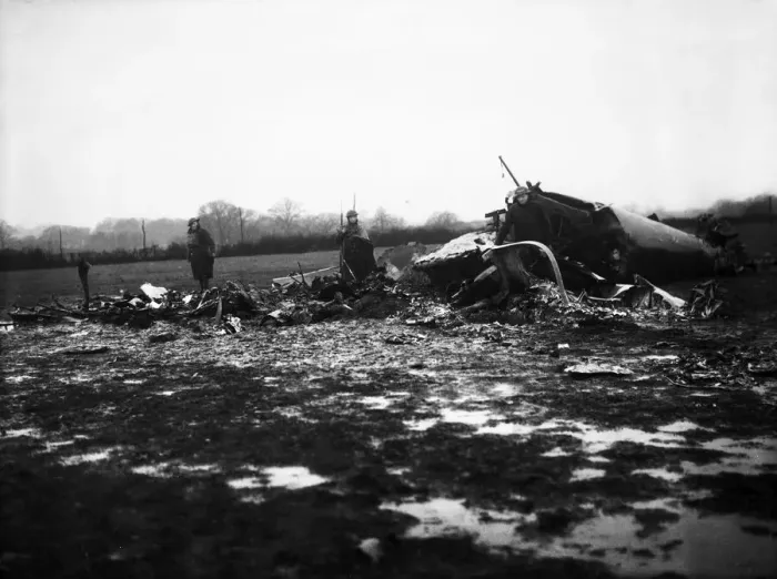 Framed Print : The wreckage of a German bomber shot down by a RAF fighter over Southern England Framed Print : The wreckage of a German bomber shot down by a RAF fighter over Southern England