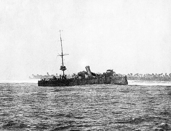 The wreckage of the German cruiser The Emden after being pounded to destruction by