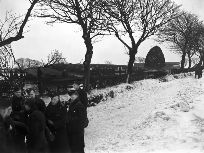 Framed Print : The wreckage of a German Heinkel 1-11 bomber shot down by three Hurricanes of 43 Squadron Framed Print : The wreckage of a German Heinkel 1-11 bomber shot down by three Hurricanes of 43 Squadron