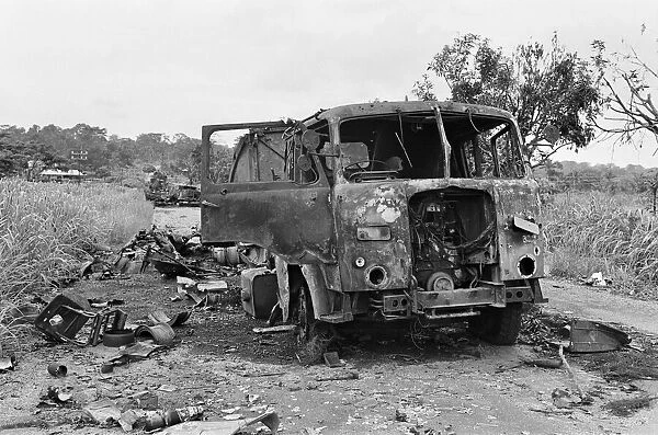 Wreckage of a Nigerian convoy on the roadside during the Biafra conflict, 11th June 1968