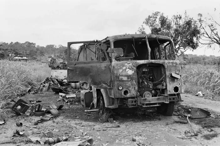 Framed Print : Wreckage of a Nigerian convoy on the roadside during the Biafra conflict, 11th June 1968 Framed Print : Wreckage of a Nigerian convoy on the roadside during the Biafra conflict, 11th June 1968