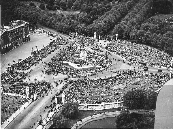 WW2 Aerial view of VE-Day victory celebrations outside Buckingham Palace London