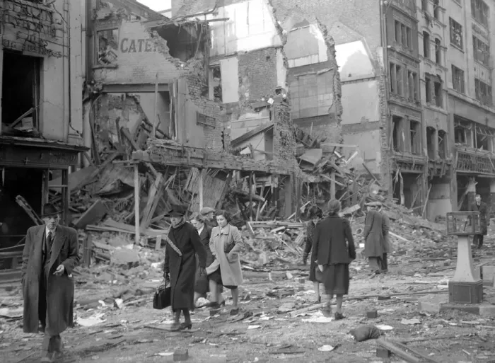 Framed Print : WW2 Air Raid Damage April 1941 Bomb damage in London People clear the streets