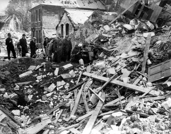Framed Print : WW2 Air Raid Damage Bomb damage at Bath Rescue workers search through rubble