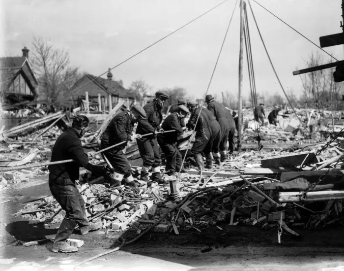 Framed Print : WW2 Air Raid Damage Bomb damage at Chigwell A group of men working together