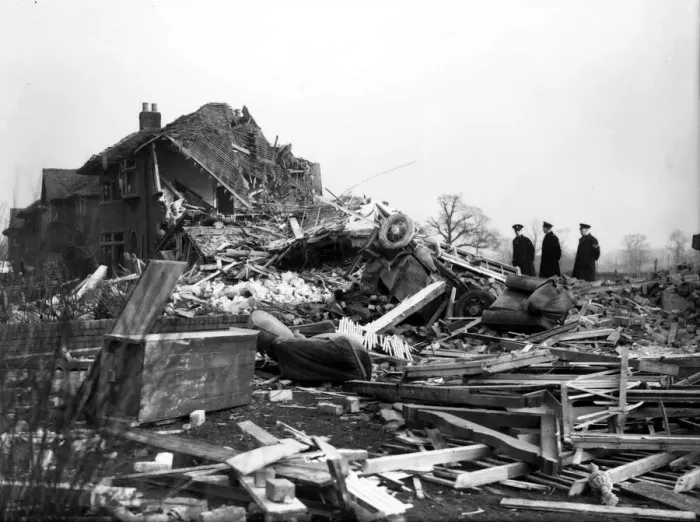 Framed Print : WW2 Air Raid Damage December 1944 Buzz bomb raid in Northern England Three Framed Print : WW2 Air Raid Damage December 1944 Buzz bomb raid in Northern England Three