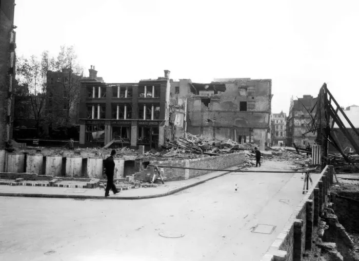 Framed Print : WW2 Air Raid Damage Fetter Lane bomb damage - policemen on the beat on Fetter Lane