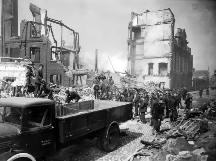 Framed Print : WW2 Air Raid Damage Norwich Bomb damage at Norwich Rescue workers at a bombed