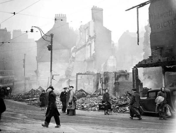 WW2 Air Raid Damage People walking along a high street in Sheffield which had been