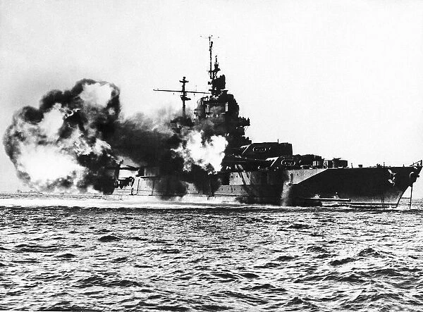 WW2 American battleship firing on May 1945 Okinawa largest of the Ryukyu Islands
