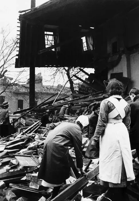 Framed Print : WW2 Bombed Hospital nurses and air raid wardens search wreckage