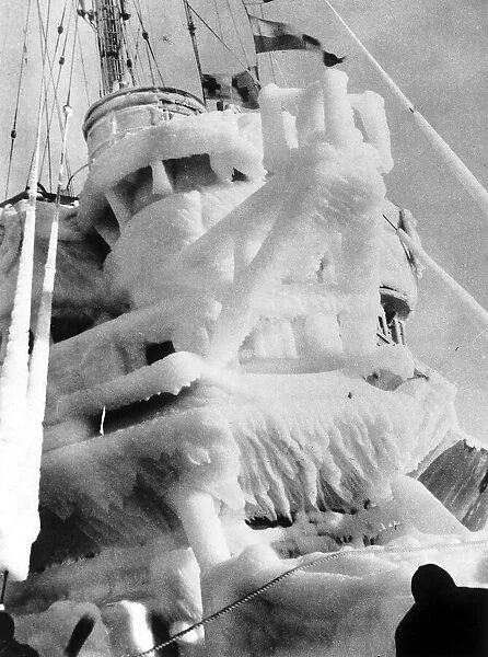 WW2 British ship covered in ice during a North Atlantic patrol. 1943
